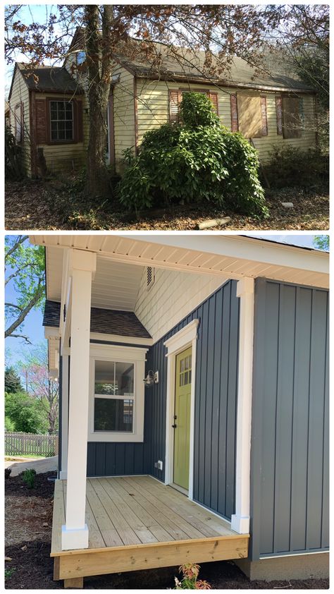 Ranch House Board And Batten Siding, Navy Board And Batten Exterior, Home Exterior Board And Batten, Board And Batten Siding Ranch Home, Board And Batten Siding Colors, Exterior Board And Batten Siding, Small Ranch House Exterior, Mcm Cabin, Exterior Renovation Before And After