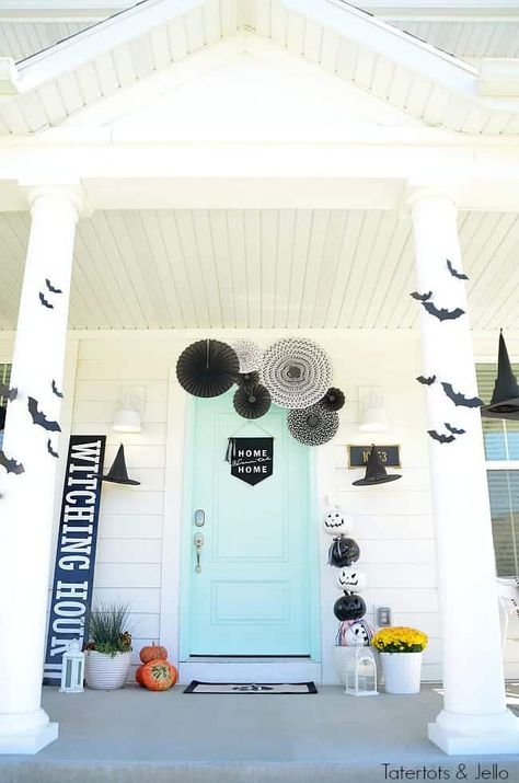 Witching Hour Front Door by Tatertots and Jello | Frighteningly Fabulous Halloween Door Decor Ideas Halloween Porch Ideas, Halloween Porch Sign, Creepy Halloween Costumes, Halloween Front Doors, Holiday Inspo, Halloween Photography, Fall Festivities, Halloween Front Porch, Halloween Bash