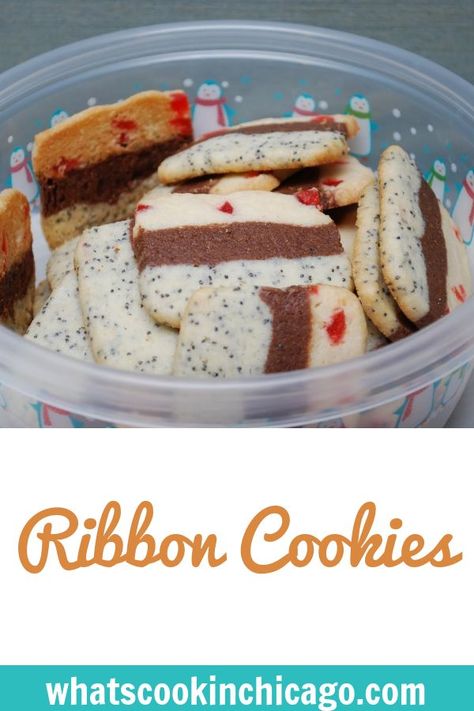 Ribbon Cookies #holiday #cookieexchange #recipe Ribbon Cookies, Fancy Desserts Recipes, Cookies Holiday, Cherry Cookies, Holiday Cookie Exchange, Desserts For A Crowd, Cookies Christmas, Unsweetened Chocolate, Christmas Food Desserts