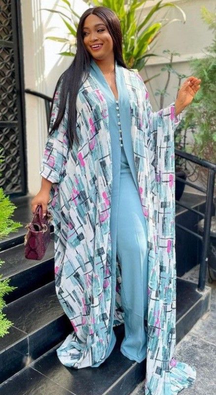 Kaftan Trouser And Top For Ladies, Silk Kaftan Dress Style, Fashion Outfits African, Modern Kimono Fashion Outfits, Robe Kim+ono, Casual Flowy Tie-dye Kaftan, Casual Long Tie-dye Kaftan, Spring Batik Print Maxi-length Kaftan, 2piece Outfits