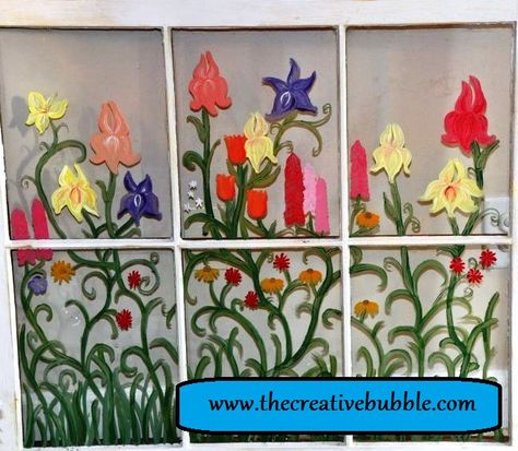 The Creative Bubble: Painting on Old Windows (with acrylic paint) Hand Painted Windows Diy, Painting On Old Windows, Painted Window Panes, Hand Painted Windows, Window Pane Art, Old Window Panes, Painted Window Art, Window Paint, Painting On Glass Windows