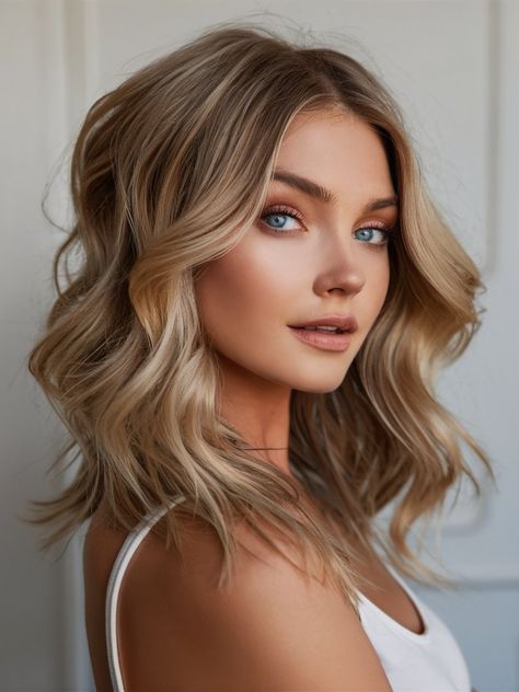 Discover 28 Winter Blonde Hair Ideas for 2024: From Short to Medium Shoulder-Length Hair Styles Medium To Dark Blonde Hair, Dirty Blonde Medium Length Hair, Shoulder Length Balayage Blonde, Dark Blonde Medium Length Hair, Dark Blonde Shoulder Length Hair, Balayage Blonde Short, Blonde Color Ideas, Balayage Dark Roots, Blonde Mid Length Hair