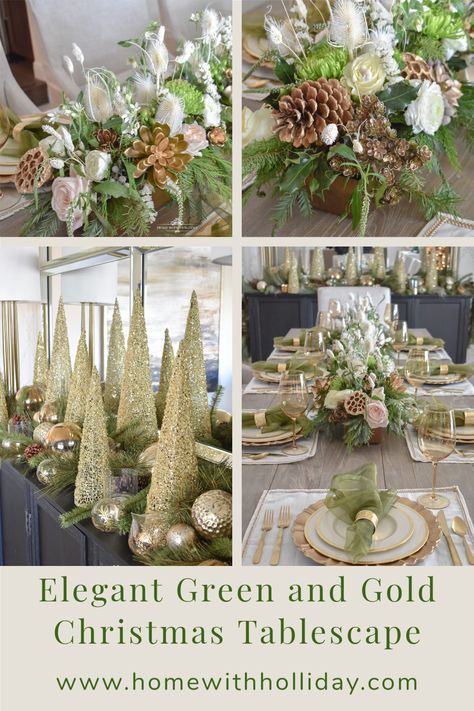 Gold And White Christmas Centerpieces, Green Tablescape Christmas, Green And Champagne Christmas Decor, Green And Gold Christmas Table Decor, Green And White Christmas Table, Gold Christmas Table Settings, Green White Gold Christmas, Southern Tablescapes, Green And Gold Christmas Table