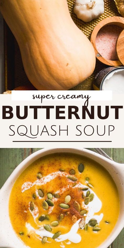 This classic butternut squash soup recipe features fresh butternut squash, warm spices, creamy coconut milk, and a touch of honey. Simmered on the stovetop and blended until smooth, it’s a simple, nutritious, vegetarian comfort food that’s ready with a total time of less than 30 minutes! Buttnut Squash Soup Recipe, Butternut Squash Soup Recipes Easy, Simple Butternut Squash Soup, Squash Soup Recipe Easy, Coconut Butternut Squash Soup, Soup With Coconut Milk, Butternut Squash Soup Recipe, Butternut Squash Cubes, Coconut Milk Soup