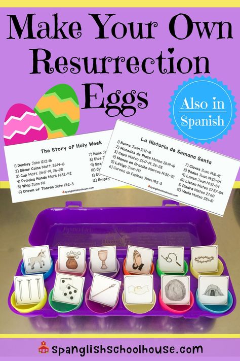 DIY Resurrection Eggs in Spanish Diy Resurrection Eggs, Resurrection Crafts, Spanish Eggs, School Countdown, Resurrection Eggs, Easter Lessons, Easter Sunday School, Easter Preschool, Easter Printables Free