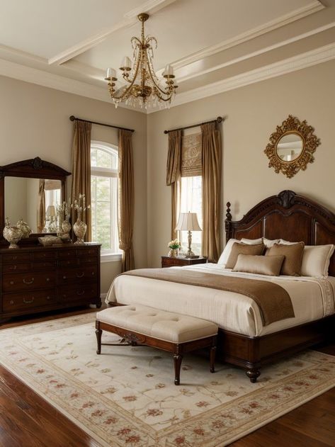 Bedroom Interior Design Traditional, Classic Traditional Home Decor Bedroom, Vintage Design Bedroom, Modern And Traditional Bedroom, Classic Bedrooms Elegant, Classic Bedroom Design Luxury Elegant, Modern Traditional Breakfast Area, Neo Traditional Bedroom, Modern Victorian Style Bedroom