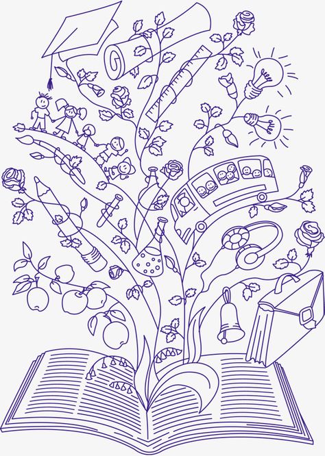 Knowledge Drawing, Open Book Illustration, Tree Vector Png, Open Book Drawing, Book Knowledge, Cool Easy Drawings, Book Vector, Tree Vector, Collage Art Projects