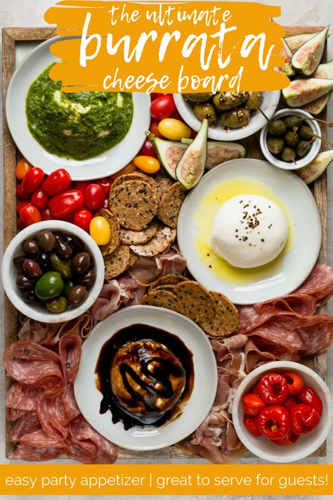 the ultimate burrata cheese board Bursts Board, Buratta Cheese Board, Buratta Board, Burrata Bar, Tjs Meals, Burrata Board, Board Snacks, Easy Snack Appetizers, Nacho Salat