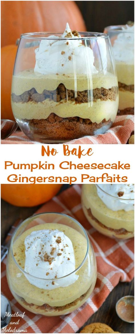 No Bake Pumpkin Cheesecake Gingersnap Parfaits - a quick and easy fall or Thanksgiving dessert that only takes about 15 minutes to make! Easy No Bake Pumpkin Cheesecake, Fruit Meringue, Meringue Nests, Thanksgiving Dessert Table, Cheesecake Parfait, Thanksgiving Desserts Kids, Thanksgiving Desserts Table, No Bake Pumpkin, No Bake Pumpkin Cheesecake