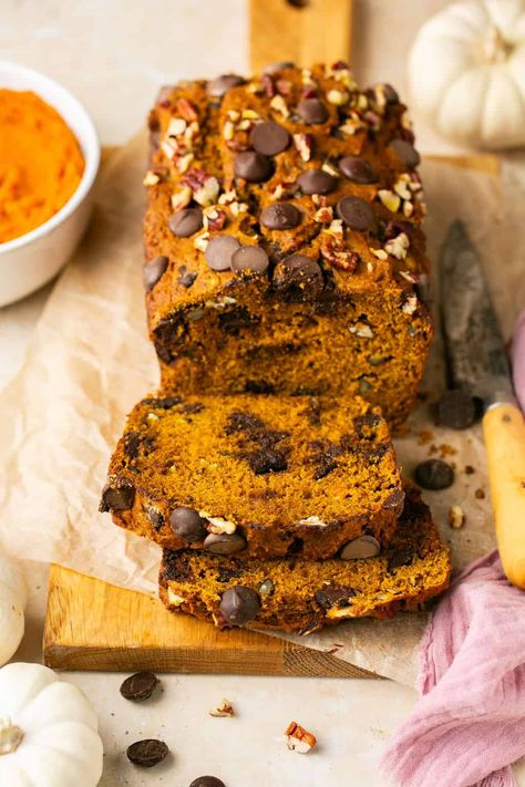 A classic pumpkin bread, made healthier! This version of my pumpkin bread uses white whole wheat flour as a base and is lightly sweetened with maple syrup. It's completely dairy free, nut free, and refined sugar free. #erinliveswhole #pumpkin #pumpkinbread #fall No Refined Sugar Pumpkin Bread, Healthy Pumpkin Bread Oat Flour, Protein Powder Pumpkin Bread, Gf Df Pumpkin Bread, Healthier Pumpkin Bread, Pumpkin Bread No Sugar, Sugar Free Pumpkin Bread, Paleo Pumpkin Bread, Fall Sweets