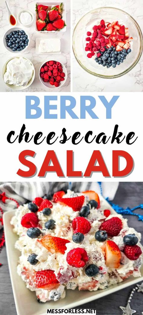 Make this Red White and Blue Cheesecake Salad Recipe for your next summer gathering! It’s quick, easy, and bursting with fresh berry flavors. Cheesecake Salad Recipe, Red White And Blue Cheesecake, Blue Cheesecake, Dessert Salad Recipes, Patriotic Recipes, Cheesecake Salad, Oatmeal Muffin Recipes, Decadent Chocolate Desserts, Patriotic Desserts