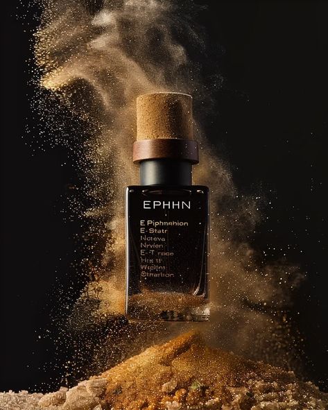 The image is a dark, dramatic, and luxurious perfume bottle. The bottle is made of black glass and has a gold cap ->> more details in ai-img-gen.com Sand Particles, Luxurious Perfume, Black Perfume, Perfume Bottle Design, Perfume Photography, Gold Cap, Gold Powder, Gold Caps, Gold Dust