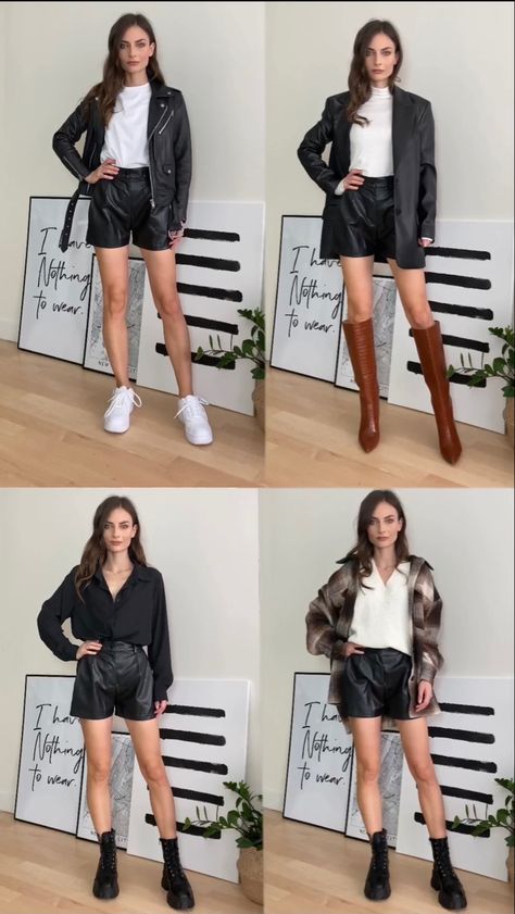 Leather Short Fall Outfit, Black Short Trousers Outfit, Leather Shorts With Sneakers, Black Leather Shorts Outfit Casual, Outfit Short En Cuir, Short Winter Outfit, Leather Shorts Outfit Concert, Leather Shorts Outfit Spring, Black Leather Shorts Outfit Winter