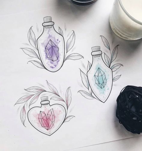 Tattoo Stencil Designs, Gem Tattoo, Tattoo Apprenticeship, Crystal Tattoo, Crystal Drawing, Bottle Drawing, Bottle Tattoo, Old School Tattoo Designs, Spiritual Tattoos