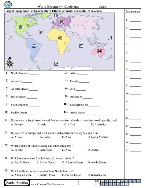 Geography Worksheets - Continents and Oceans worksheet 5th Grade Geography, Map Skills Worksheets, 3rd Grade Social Studies, Geography Worksheets, 4th Grade Social Studies, History Worksheets, Continents And Oceans, 6th Grade Social Studies, Map Worksheets