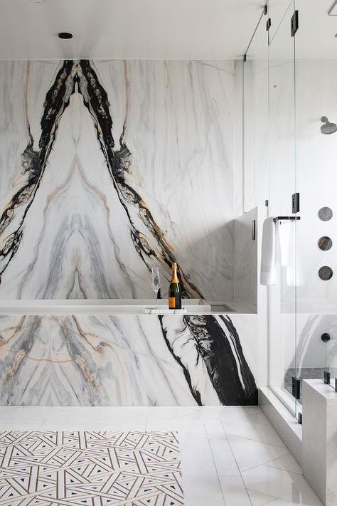 Marble Shower Walls, Transitional Bathroom Design, Kips Bay Showhouse, Bathtub Surround, Marble Bathtub, Marble Tub, Modern Tub, Drop In Bathtub, Modern Bathtub