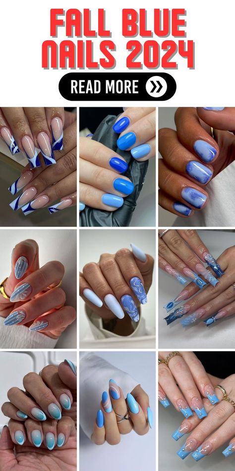 Keep it chic with fall blue nails 2024 that feature colors almond and gel short almond finishes. These nails are perfect for those who love art designs with a touch of elegance. Polish in dark or light shades of blue can be paired with glitter or matte accents for a look that’s both trendy and timeless. These ideas are perfect for anyone looking to add a pop of color to their fall wardrobe. Light Blue Gel Nails Ideas, Fall Nail Designs Blue, Denim Inspired Nails, Light Blue Fall Nails, Baby Blue Acrylic Nails Almond, Blue Nail Designs 2024, Fall Blue Nail Colors, Blue Gel Nail Designs, Blue Autumn Nails