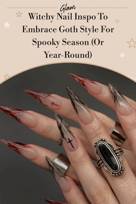 Grey Goth Nails, Goth Flower Nails, Goth Gel Nails, Black Goth Nails, Medieval Nails, Goth Halloween Nails, Goth Manicure, Black Witchy Nails, Evil Nails