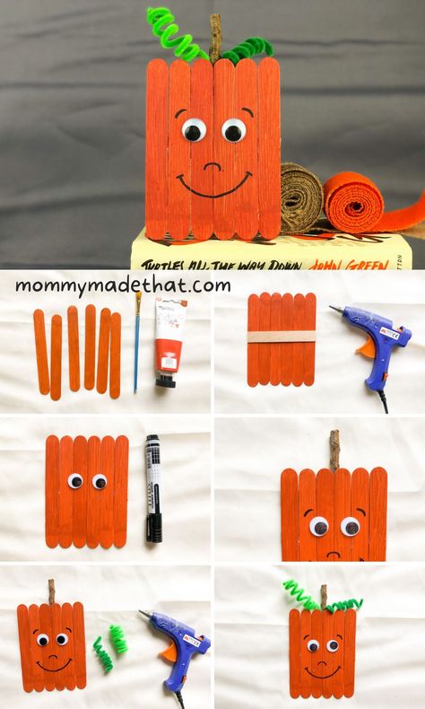 Popsicle Pumpkin Craft, Fall Craft Popsicle Sticks, Popsicle Stick Crafts For Halloween, Popsicle Stick Crafts For Thanksgiving, Popsicle Sticks Fall Crafts, Pumpkin Popsicle Stick Craft, Popsicle Stick Pumpkin Craft, Simple Popsicle Stick Crafts, Easy Crafts With Popsicle Sticks