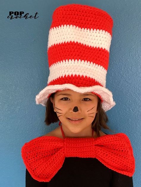 Dr Seuss Cat In The Hat | Anna Burton Designs Dr Suess Hats, Purse Design Ideas, Crochet Cat Hat Pattern, Cat Hat Pattern, Dr Seuss Hat, Crochet Cat Hat, Large Hat, Crochet Wearables, Bowtie Pattern