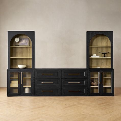 Mopio Blake 4 Piece Entertainment Center with Storage - Bed Bath & Beyond - 42285434 Console Cabinet Living Room, Farmhouse Wall Unit, Tv Stand With Bookshelves, Bookshelves Black, Arched Bookshelves, Arched Cabinets, Wall Unit Tv, Farmhouse Style Tv Stand, Trophy Display Case