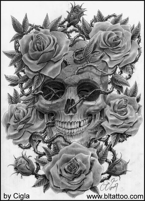 Skull+with+roses+by+cigla.deviantart.com+on+@deviantART Skull With Roses, Skull Rose Tattoos, Catrina Tattoo, Vintage Inspired Wall Art, Skull And Roses, Roses Tattoo, Skulls And Roses, A Skull, Skull Tattoos