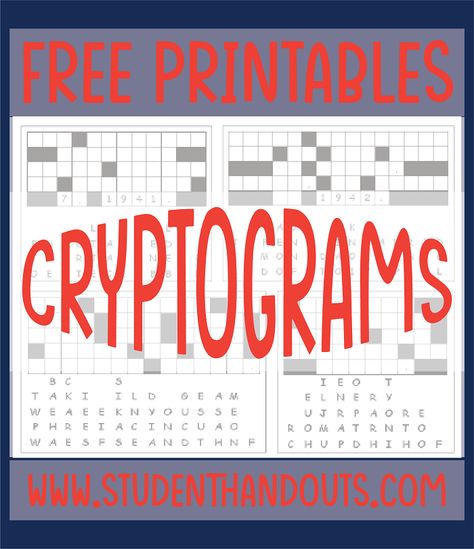 Printable Cryptogram Puzzles - Decipher the code! Fun cryptographic puzzles for students in grades 6-12. Free to print (PDF files). #cryptograms #puzzles #freeprintables #ela #languagearts #learninggames Cryptograms Free Printable, Differentiation In The Classroom, Fall Words, New Vocabulary Words, Spelling Practice, Coded Message, Intrinsic Motivation, Folder Games, Word Recognition