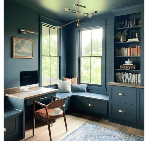 Mount Etna SW 7625 | Blue Paint Colors | Sherwin-Williams Home Office Ideas Green, Blue Monochromatic Room, Office Ideas Green, Home Office Wall Color, Monochromatic Office, Modern Victorian Decor, Moody Paint, Masculine Home Office Ideas, Historic Paint Colours