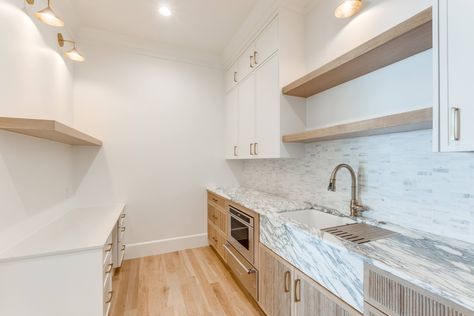 Backsplash White, Fluted Wood, The Butler, White Shelves, Butler Pantry, Interior Work, Kitchen Tile, Extra Storage Space, Stone Countertops