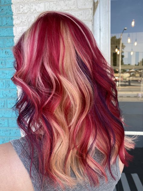 Peppermint Hair Color, Blonde And Magenta Hair, Red Multicolor Hair, Red Hair With Peekaboo Color, Red And Blonde Hair Color Highlights, Blonde With Red Peekaboo, Red Streaks In Blonde Hair, Multi Color Hair Ideas, Blonde And Red Hair Color Ideas