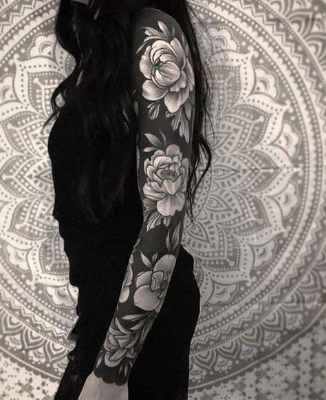 Blacked Out Floral Sleeve Tattoo, Dark Tattoo Filler, Realism Tattoo Cover Up, Blackout Floral Sleeve, Black Ink Tattoo Sleeve, Psychic Tattoo Ideas, Floral Blackout Tattoo, Black Filler Tattoo, Dark Feminine Tattoo Arm Sleeve