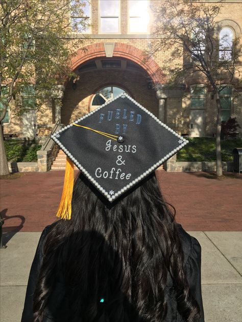 Cross Graduation Cap, Grad Cap Inspo Christian, Coffee Graduation Cap, Jesus Graduation Cap, Christian Cap Decoration, Graduation Cap Designs Christian, Christian Graduation Cap Ideas, Grad Cap Decorated, High School Graduation Cap