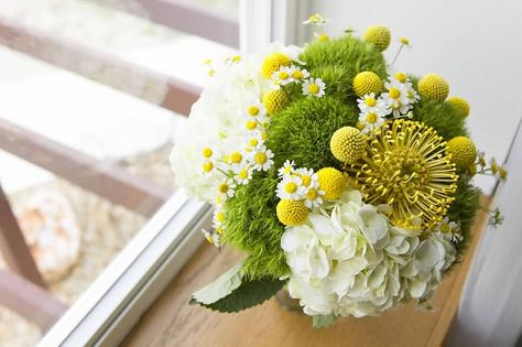 Weddings at TerrAdorna. Whimsical bouquet. Love the use of the Green Trick dianthus and yellow billy balls. Polo Event, Whimsical Bouquet, Baby Shower Decor Ideas, Shower Decor Ideas, Pillow Flower, Billy Balls, Billy Buttons, Flower Vase Arrangements, Green Love