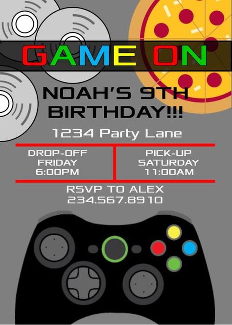 Game On Invitations, Bday Sleepover, Boys Sleepover, Playstation Party, Preteen Birthday, Xbox Party, Boy Sleepover, Video Game Birthday Party, Slumber Party Invitations