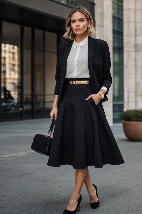 Discover 10 minimalist black outfits that create a statement in any office. With sleek lines, tailored fits, and timeless appeal, these outfits keep your look sophisticated and confident. Perfect for those who favor simple elegance, these choices let you look polished with ease. Build a professional style that speaks volumes! #MinimalistFashion #OfficeEssentials #WomenStyle Sophisticated Minimalist Outfit, Professional Black Outfits, Black Outfits For Women, 2025 Ideas, Chic Black Outfits, Workwear Chic, Stylish Midi Dress, Look Sophisticated, Crisp White Blouse