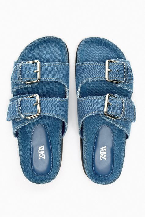 Zara FLAT DENIM SANDALS | Mall of America® Jean Zara, Jean Sandals, Zara Flats, Zara Sandals, Flirty Outfits, Denim Sandals, Slider Sandals, Buckled Flats, Boys Denim