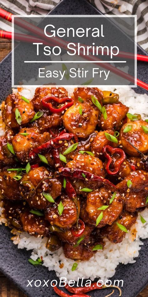 Easy General Tso Shrimp Stir Fry General Tso Shrimp, General Tsao, Seafood Stir Fry, Chinese Shrimp Recipes, Chinese Shrimp, Stir Fry Shrimp Recipes, Sweet And Spicy Shrimp, Pork Egg Rolls, Chinese Cooking Wine