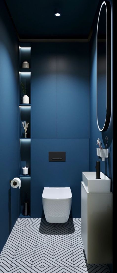 office toilet design ideas Small Toilet Room Colour Ideas, Blue Wc Ideas, Electric Blue Bathroom, Guest Wc Ideas, Blue Toilet Room, Small Wc Design, Luxury Toilet Design Modern, Office Toilet Design, Luxury Toilet Design