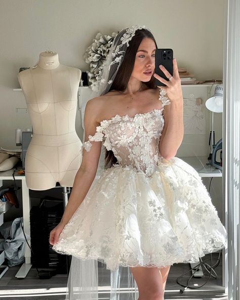 Alena Plokhova | Mini❤️ 💍Dress: available This is a standard mini length. If you think the skirt is too short, you can order this dress with any skirt... | Instagram Flower Prom Dress, 3d Applique, Applique Lace, Party Dress Lace, Princess Prom Dresses, Lace Bride, Applique Wedding Dress, Olivia Culpo, White Wedding Dress