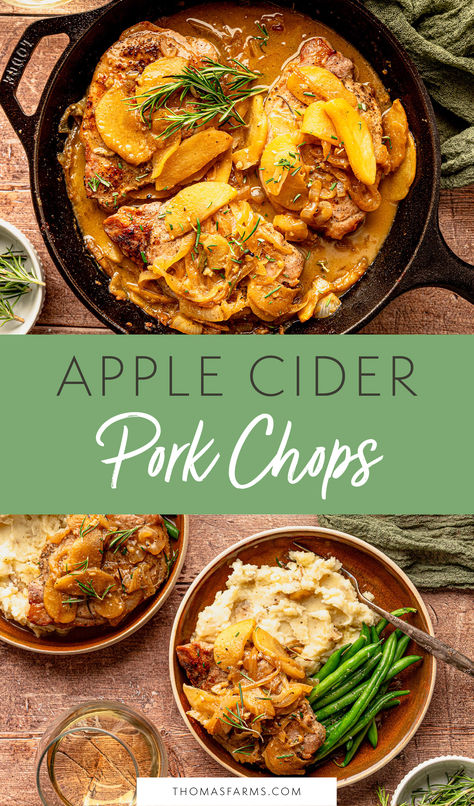 Pork In Cider Recipe, Apple Pork Chops With Stuffing, Pork And Apple Casserole, Fall Recipes Pork Chops, Pork Chops With Apples And Bacon, Pork Chop Fall Recipe, Apple Cider Pork Chops Baked, Apple Cider Brined Pork Chops, Apple Rosemary Pork Chops