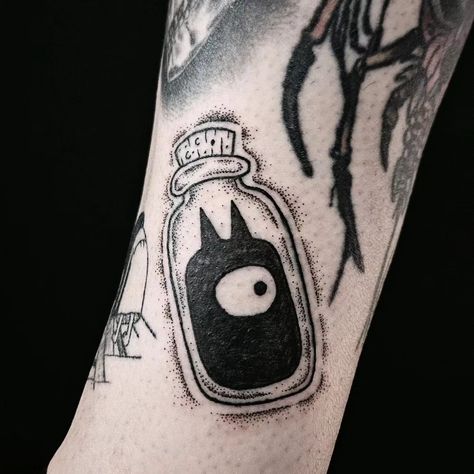 Luci in a bottle @disenchantment for @inkbabytattoos ✨ will need a touch up when it's healed to darken the black. thankyou for the good talks 🖤 will miss you when you leave. . . . . #disenchantment #disenchantmentfanart #disenchantmentluci #disenchantmenttattoo #tattoo #tattooing #tattooart #tattooartist #tattooapprentice #blackworktattoo #blackworkers #blackwork #blackworker #dotworkers #dotworktattoo #dotwork #dotworker #dotworktattooartist #dotworkartist #luci #darkfantasy #gothtattoo #pin... Disenchanted Tattoo, Disenchantment Tattoo, Luci Tattoo, Goth Tattoo, Piercing Inspo, Will Miss You, Tattoo Apprentice, Dot Work Tattoo, When You Leave