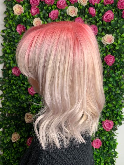 Pink Root Blonde Hair, Tips Of Hair Dyed Pink, Pink Shadow Root Blonde, Blonde Hair With Colored Roots, Dyed Roots On Blonde Hair, Blonde With Colored Roots, Coloured Roots Blonde Hair, Blonde Hair With Pink Roots, Colorful Roots Blonde Hair