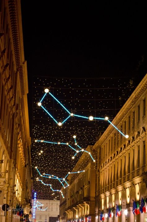 Turin Luci d'Artista: Christmas lights installation with constellations Constellation Installation, Christmas Art Installation, Constellation Lights, Constellation Light, Space Installation, Lights Installation, Light Tunnel, 달력 디자인, Christmas Light Installation