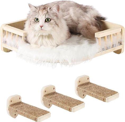 Amazon.com : COOLEX Cat Wall Shelves, Cat Shelves and Perches for Wall, Corner Cat Shelf, Cat Wall Furniture with 3 Steps Scratch Post, Cat Bed Hammock with Plush Covered, Climbing Shelf for Indoor Cats (Wood) : Pet Supplies Cat Feeding Shelf, Cat Wall Steps, Cat Wall Shelf, Cat Climbing Wall, Cat Climbing Shelves, Modern Cat Bed, Cat Climber, Cat Shelf, Cat Window Perch