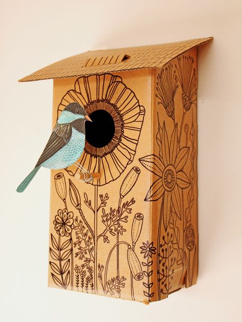 Bird House Cardboard Bird House, Cardboard Bird, Birdhouse Craft, Bird Houses Painted, Wood Burning Crafts, Bird Houses Diy, Bird Boxes, Cardboard Art, Wood Burning Art