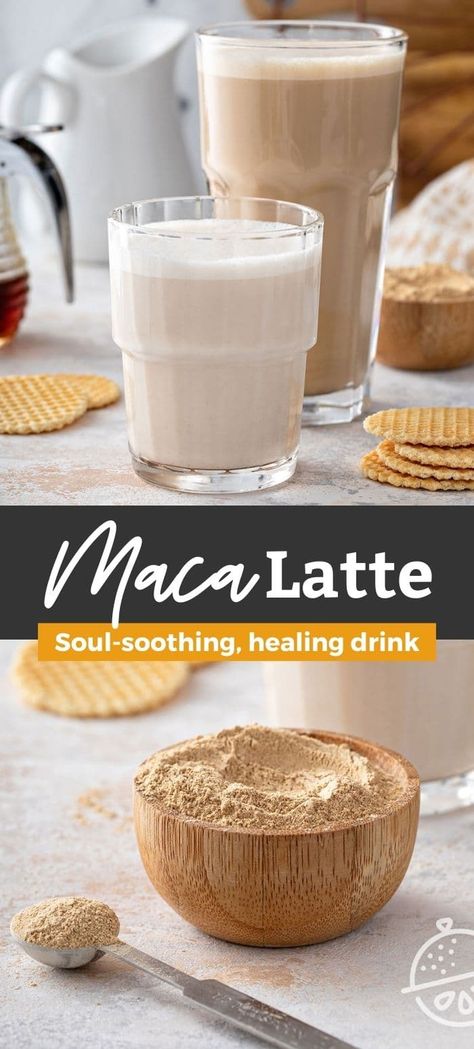 This soul-soothing, healing Maca Latte works wonders! Enjoy the benefits of one of the most powerful superfoods, maca powder, while drinking a cup of this easy to make maca coffee. This creamy, rich and energizing caffeine-free drink is packed with antioxidants and dense in nutrients. #lemonblossoms #maca #superfoods #healing #drinks #coffee Maca Drink, Maca Smoothie Recipes, Maca Powder Recipe, Maca Coffee, Maca Powder Benefits, Maca Latte, Healing Drinks, Maca Recipes, Maca Smoothie