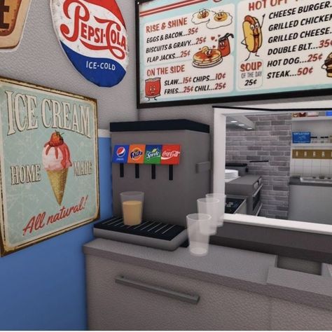 Coffee Station Ideas Bloxburg, Retro Cafe Bloxburg, Bloxburg Mall Interior, Bloxburg Retro Diner Layout, Bloxburg Diner Menu Decals, Bloxburg Cashier, Bloxburg Deli Decal, Bloxburg Cafe Kitchen, Bloxburg Pantry Decals Codes Drinks