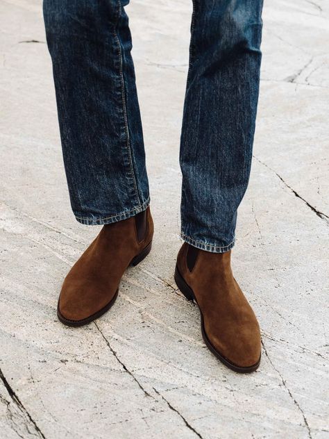 9 Men's Boots From Sustainable Brands - The Good Trade Suede Chelsea Boots Men Outfit, Brown Chelsea Boots Outfit, Fall Outfits For Men, Best Boots For Men, Brown Suede Chelsea Boots, Chelsea Boots Men Outfit, Best Fall Outfits, Mens Suede Boots, Chelsea Boots Outfit