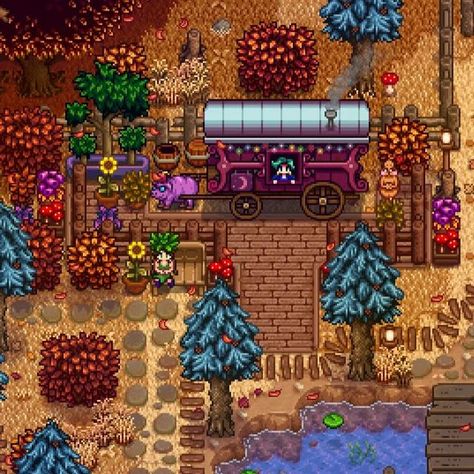 ZaffDew on Instagram: "Made a cozy area for the traveling merchant😌 Currently in fall year 8 - single player. . ☆☆MODS USED☆☆ ● Stardew Valley Expanded ● Immersive Farm 2 Remastered ● Elle's New Barn Animals ● Elle's New Coop Animals ● Elle's New Horses ● Elle's Seasonal Buildings ● Babies Take After Spouse ● No More Bowlegs ● Seasonal Cute Characters ● Seasonal Outfits - SVE ● Starblue Valley ● Artisan Valley ● Even More Recipes -More Fruits and Veggies -Mizus Flowers -More Trees ● Starbrew Stardew Valley Traveling Cart Design, Stardew Valley House Interior Goth, Stardew Valley Traveling Cart, Stardew Crafting Area, Stardew Town Decoration, Stardew Valley Bus Stop Design, Stardew Valley Mushroom Cave, Stardew Valley Town Decor, Stardew Valley Expanded