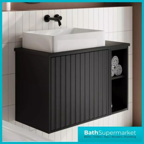 Make a statement and upgrade with this stunning matt black handle free side shelf vanity unit which contrasts super well with other white sanitaryware that you have in the room, the unique fluting style is a classic look in interior design and is a fantastic way to add texture to a bathroom, it is inspired by retro design with a modern twist and is a show stopping feature must have furniture piece Counter Top Basin, Shelf Vanity, Side Shelf, Vanity Counter, White Counters, Vanity Unit, Black Wall, Vanity Units, Counter Top